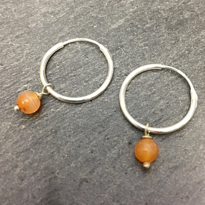 Silver 12mm Hoop Earrings with Vintage Indian Agate Beads.