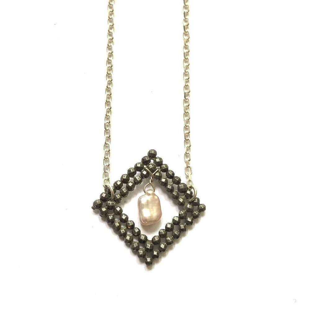 Georgian Cut Steel Diamond Eye Buckle and Pearl Silver Necklace.