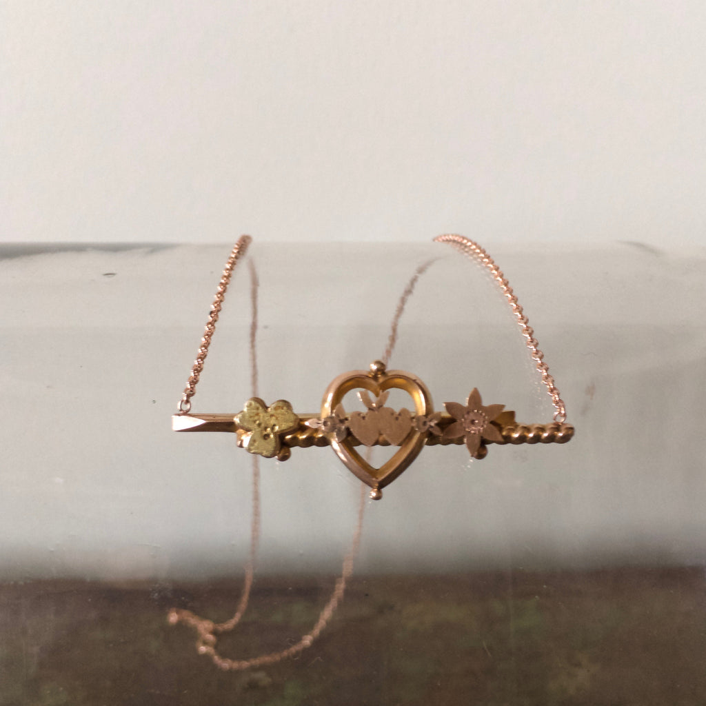 Antique 9ct Rose Gold Heart Love token Necklace