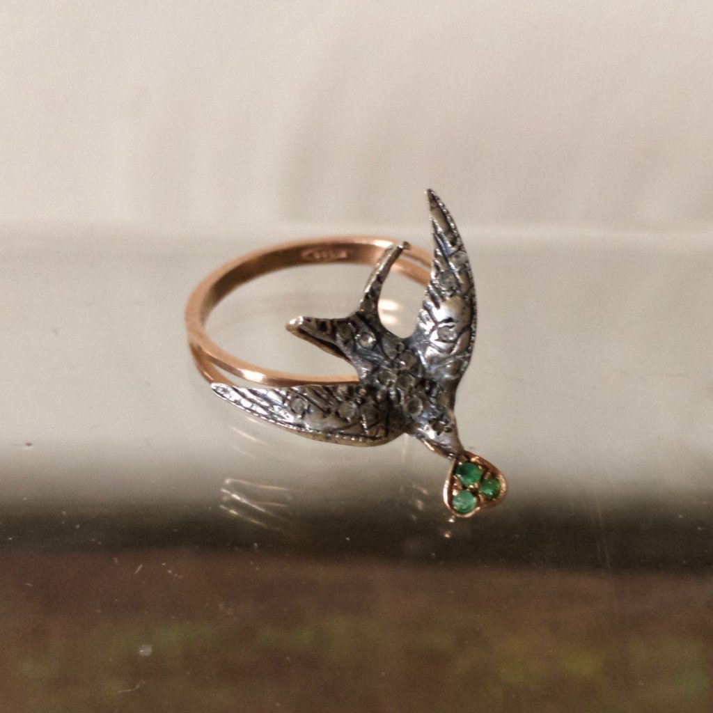 Gold Swallow Diamond and Emerald Ring  1920's