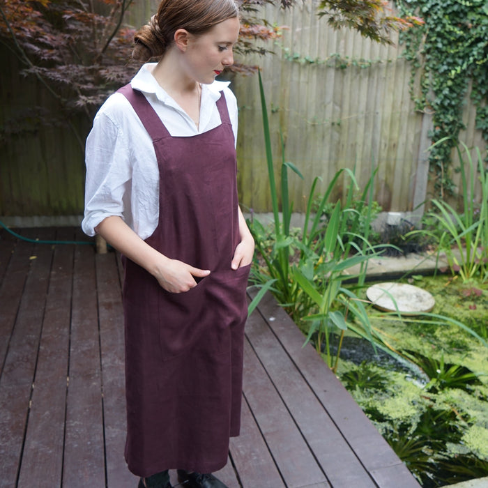 Crossover back linen Apron. Handmade UK. Burgundy