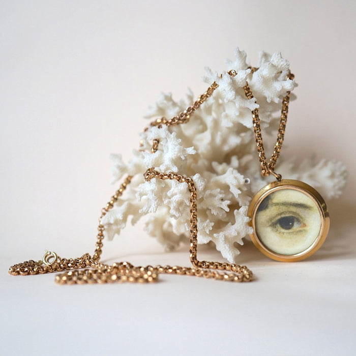 Gold Lover's Eye Locket and Long Guard Chain Necklace