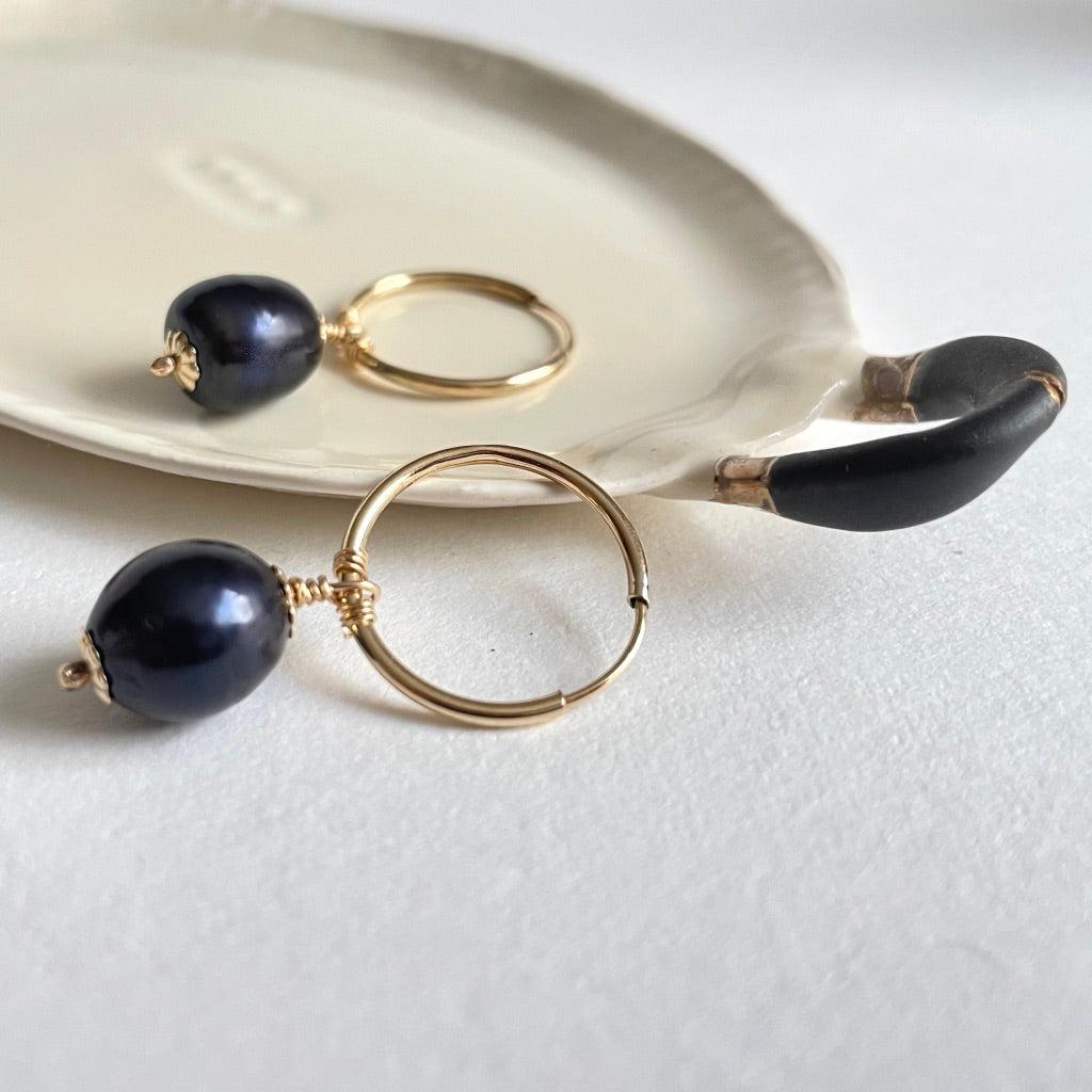 Gold and Black Freshwater Pearl Hoops