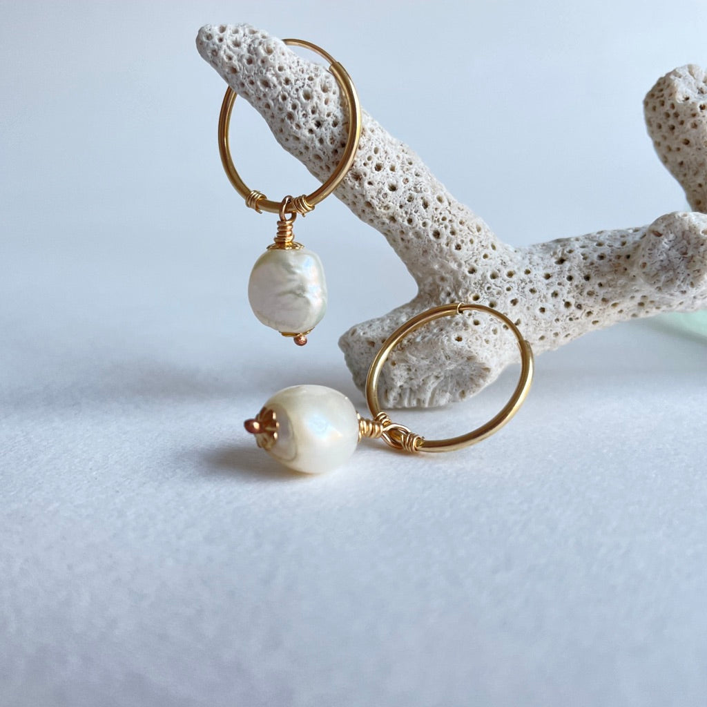 Gold and Baroque Pearl Hoops