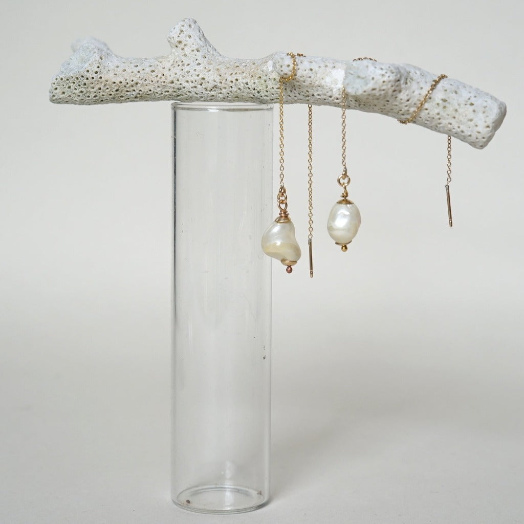 Pearl and Gold Threader Earrings Badgers Velvet