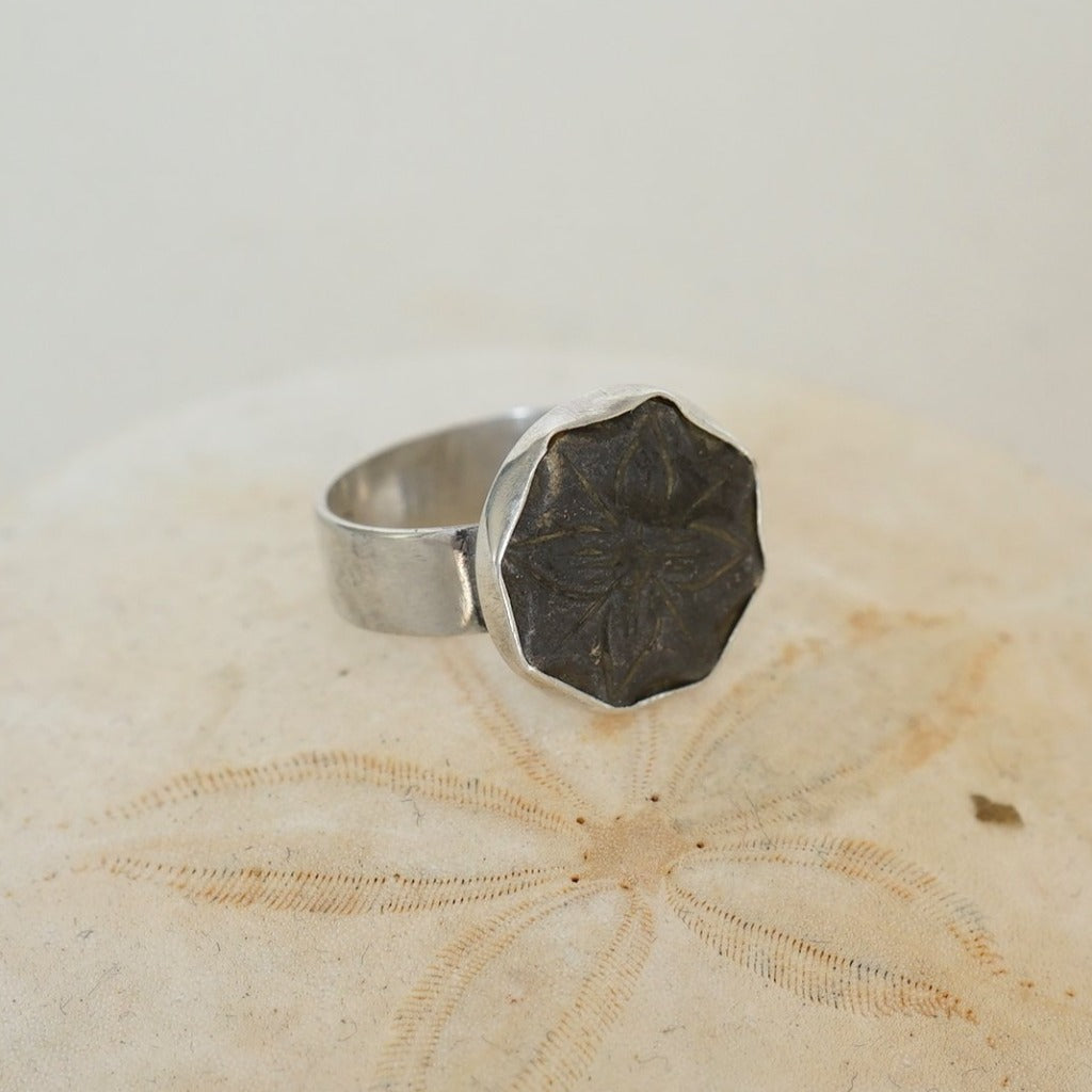 Silver and Bronze Etched Flower Ring