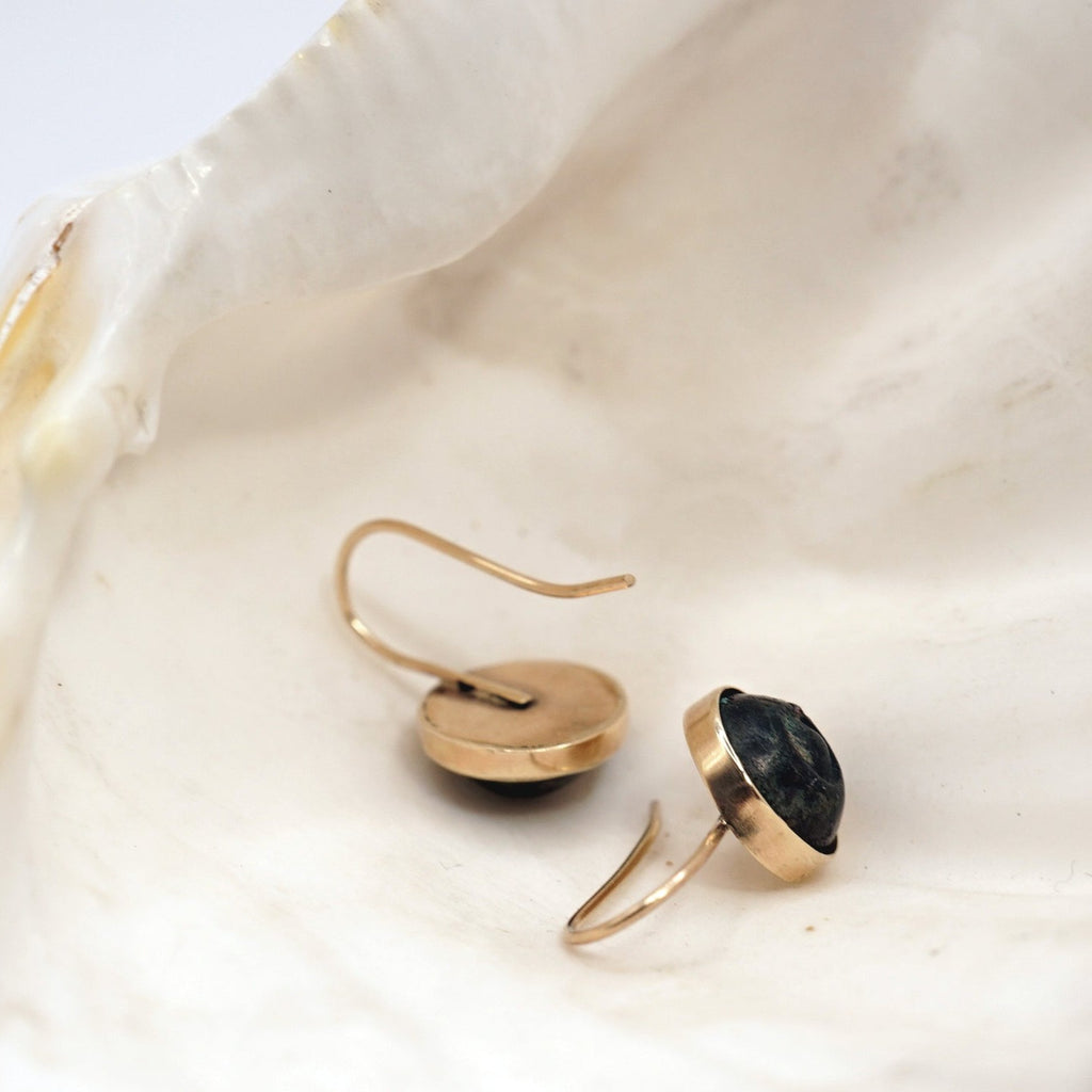 Gold and 18thC Bronze Button Hook Earrings, Badger's Velvet.