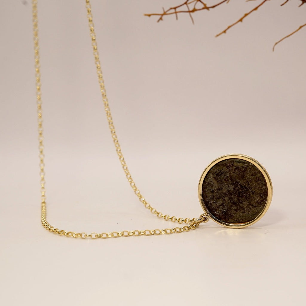 Gold Mounted Ancient Coin and Belcher Chain Necklace. Badger's velvet