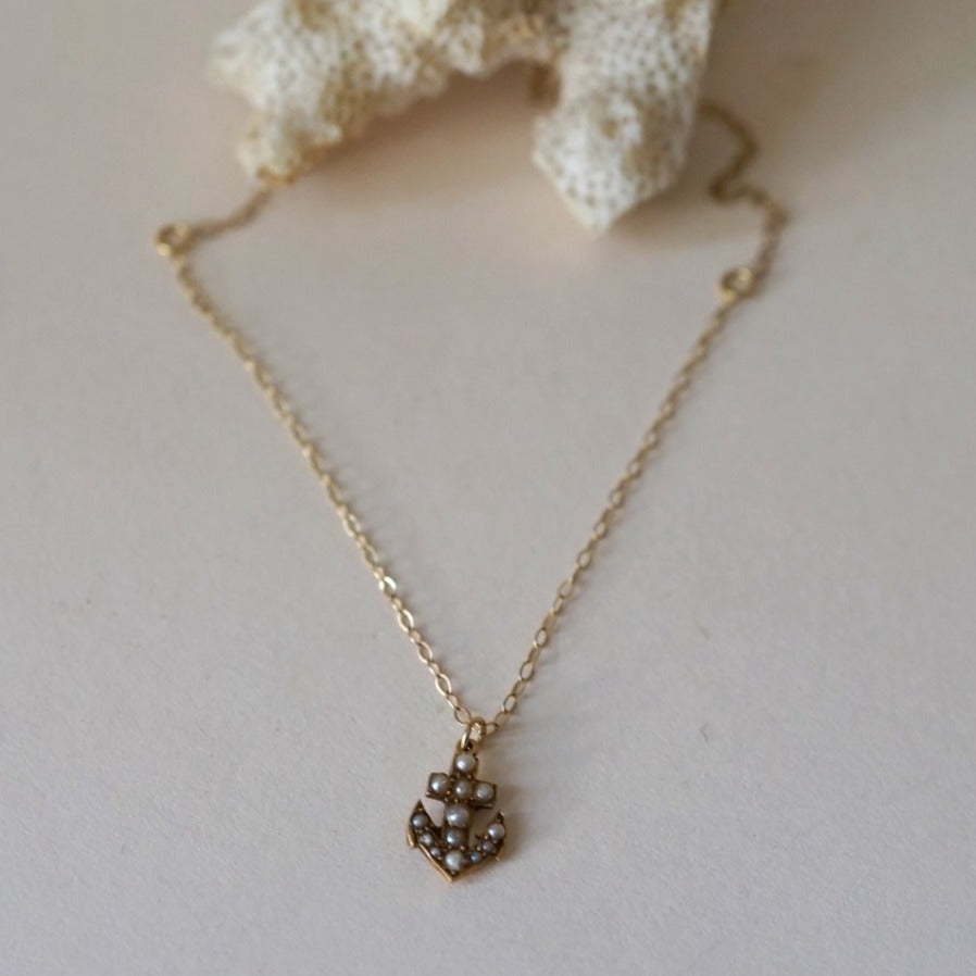 9ct Gold Seed Pearl Anchor Necklace