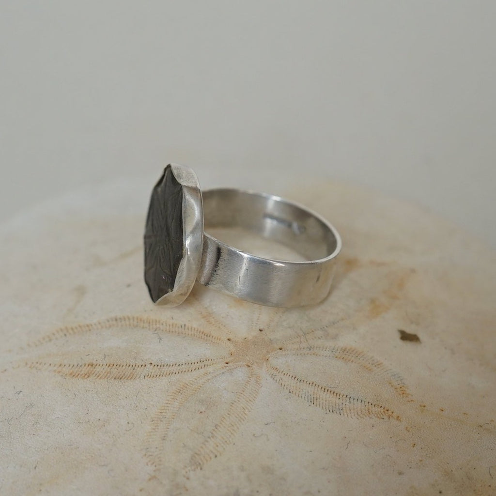 Silver and Bronze Etched Flower Ring