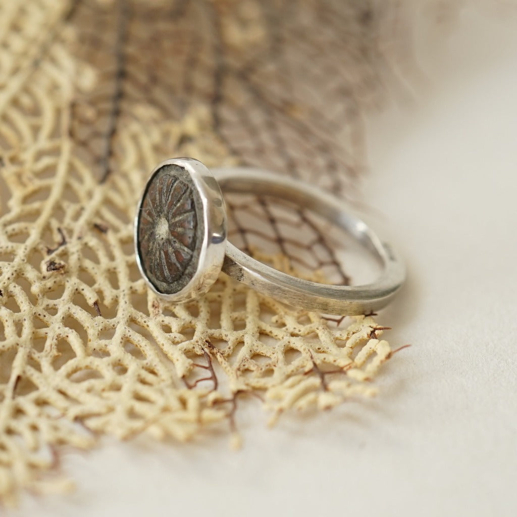 Silver and 17thC Bronze Etched Sun Ring. Badger's Velvet