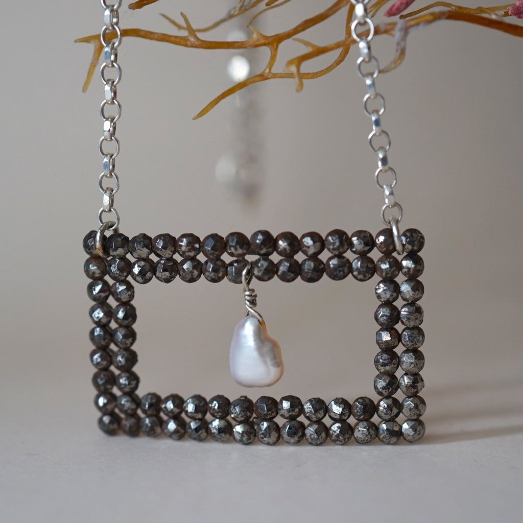 Georgian Cut Steel Square Eye Buckle and Pearl Silver Necklace.