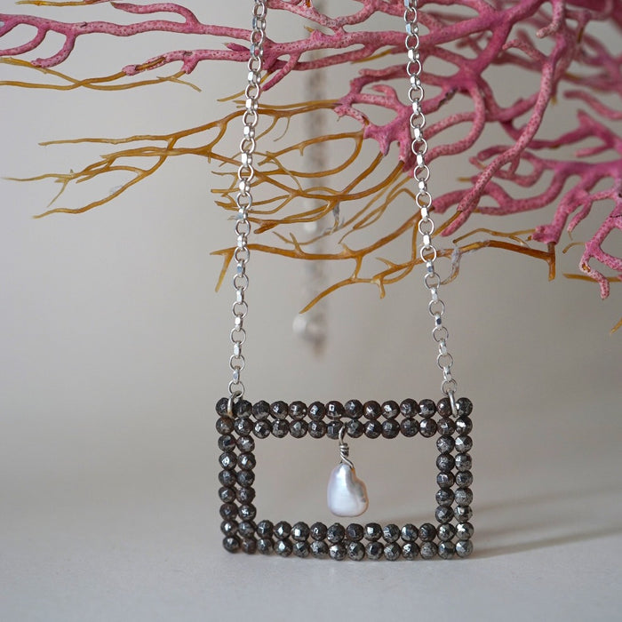 Georgian Cut Steel Square Eye Buckle and Pearl Silver Necklace