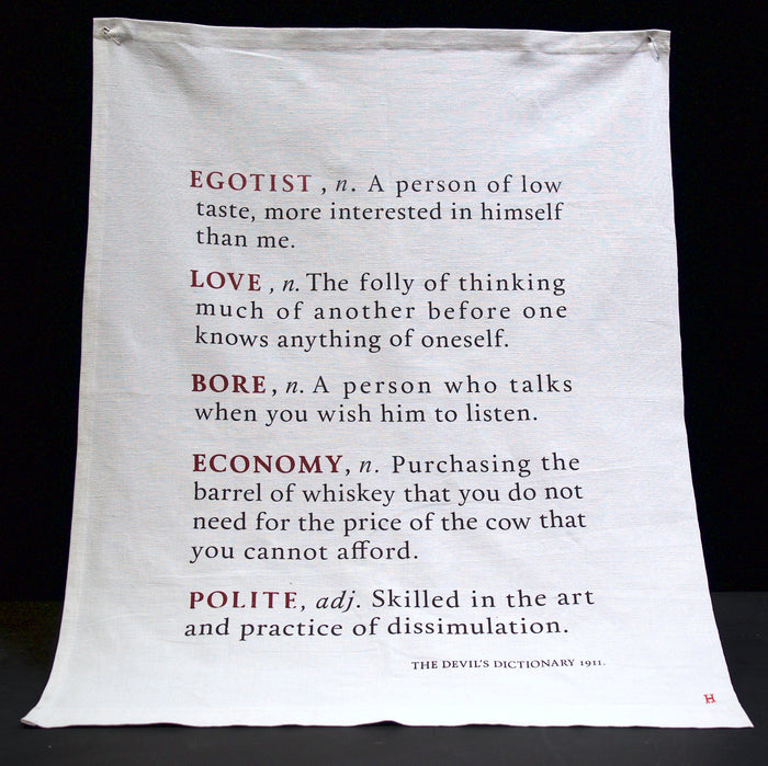 Antique French Linen Tea Towel printed with Ambrose Bierce quo