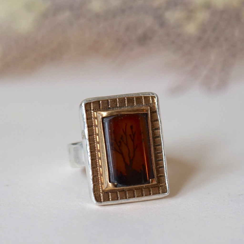 Silver and Gold Victorian Moss Agate Ring. Badger's Velvet