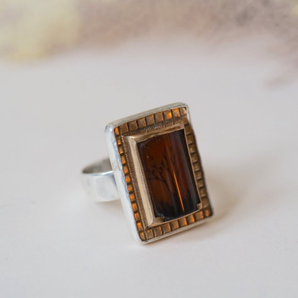 Silver and Gold Victorian Moss Agate Ring. Badger's Velvet