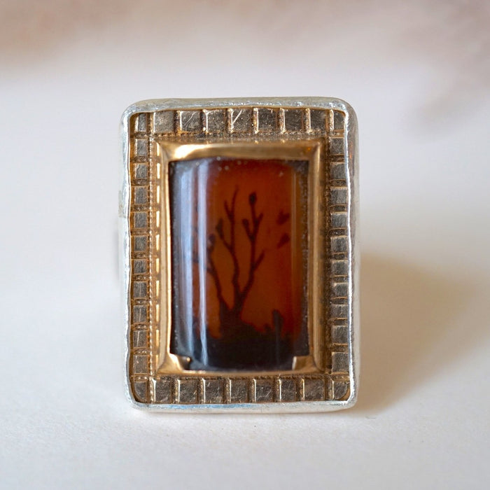 Silver and Gold Victorian Moss Agate Ring. Badger's Velvet