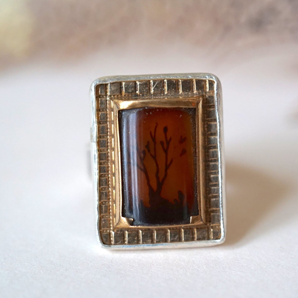 Silver and Gold Victorian Moss Agate Ring