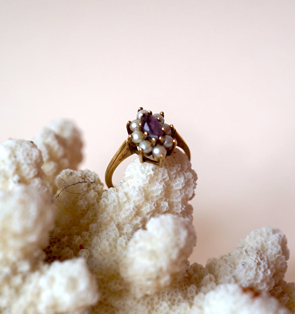 9ct Gold Seed Pearl and Amethyst Oval Ring