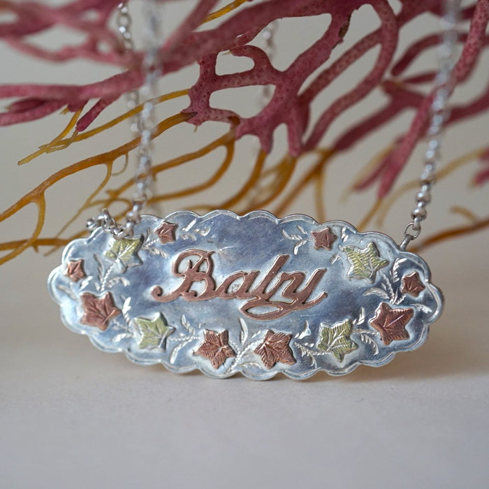 Silver BABY and Gold Leaf Necklace Badger's Velvet