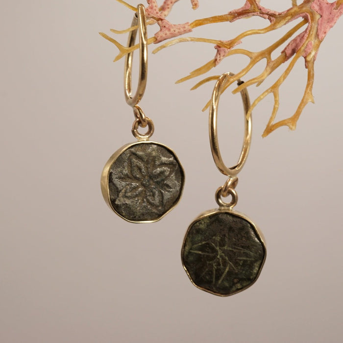 Gold and 18thC Bronze Button Hoop Earrings
