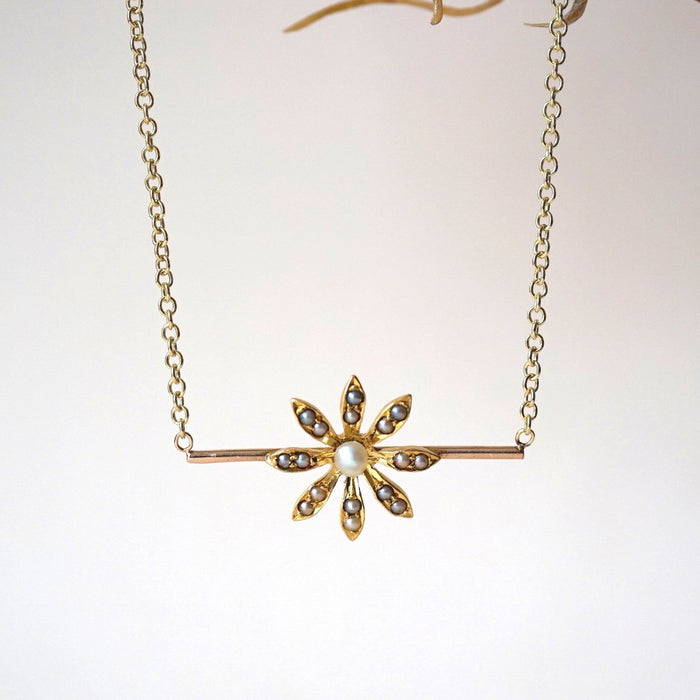 14ct Gold Seed Pearl Daisy Bar Necklace