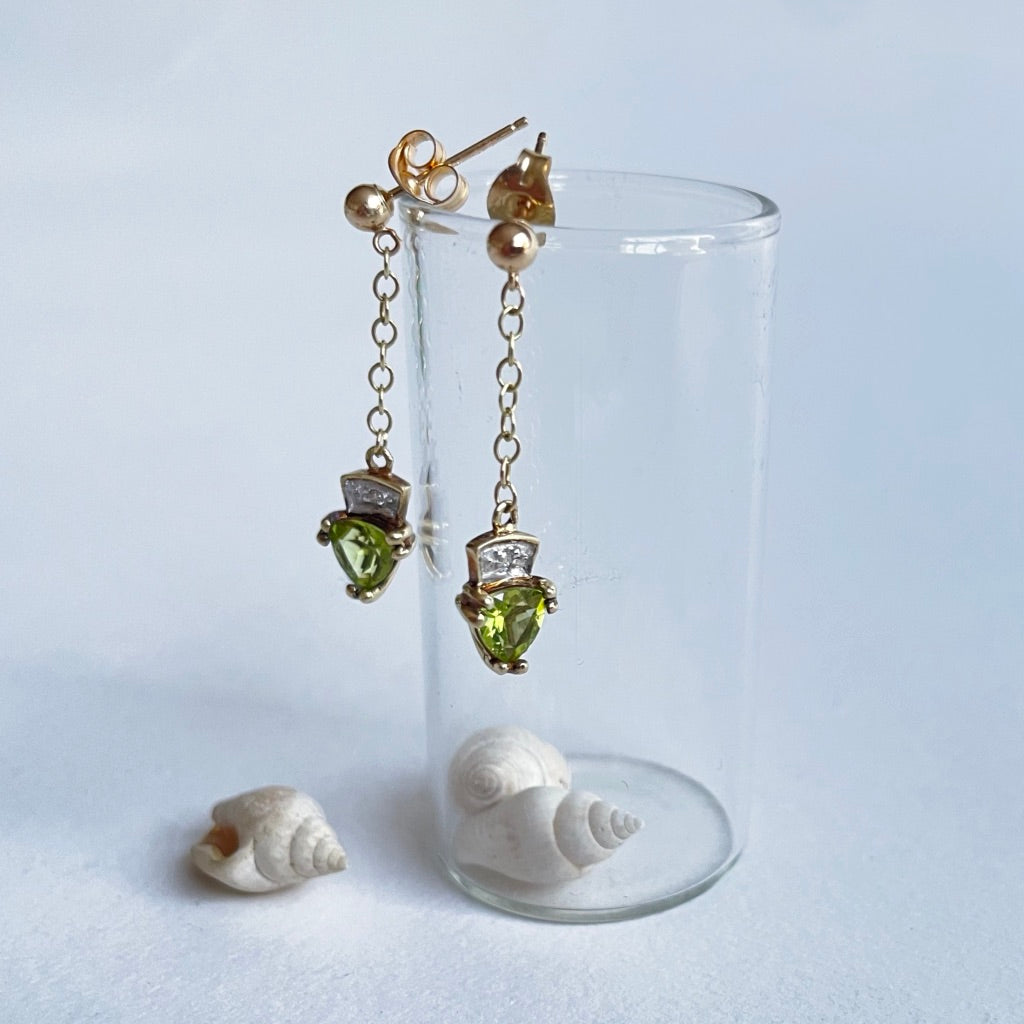 9ct Gold and Heart Shaped Peridot & Diamond Earrings