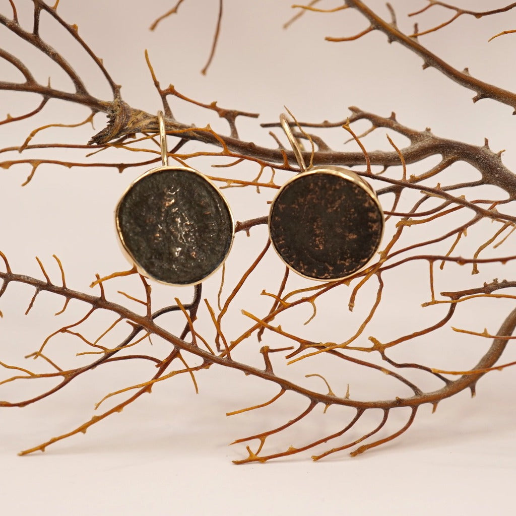 Gold Mounted Roman Coin Earrings, Badger's Velvet