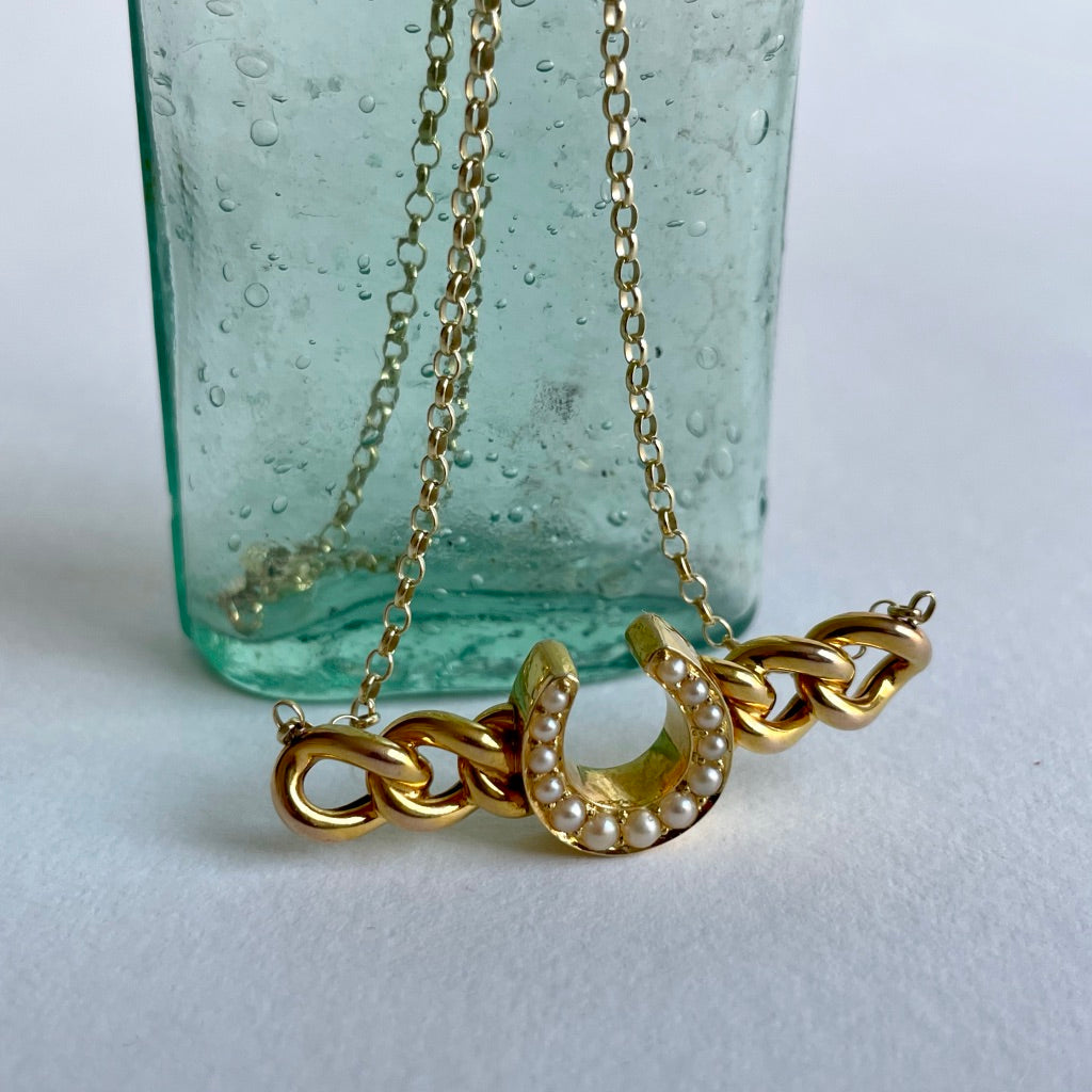 Antique Gold and Seed Pearl Lucky Horseshoe Necklace, Badgers Velvet Horeseshoe and Gold Necklace 