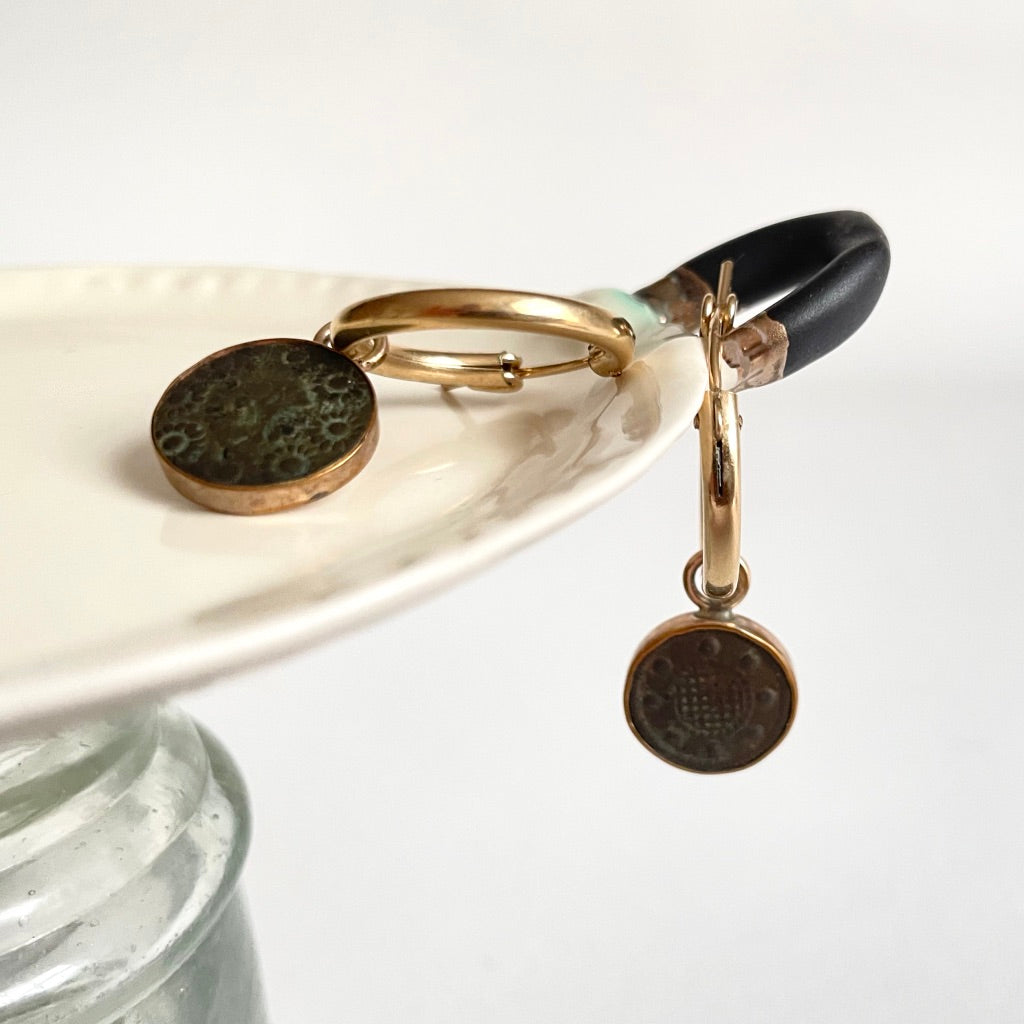 Gold and 18thC Bronze Button Hoop Earrings