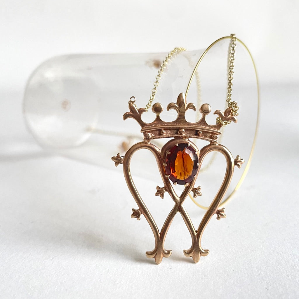 9ct Gold and Citrine Hearts and Crown Luckenbooth Necklace