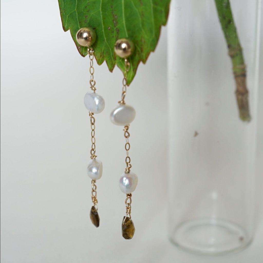 Gold, Freshwater Pearl and Tourmaline Drop Earrings