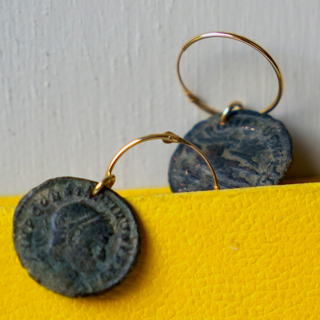 Roman Coin & Gold hoop earrings 