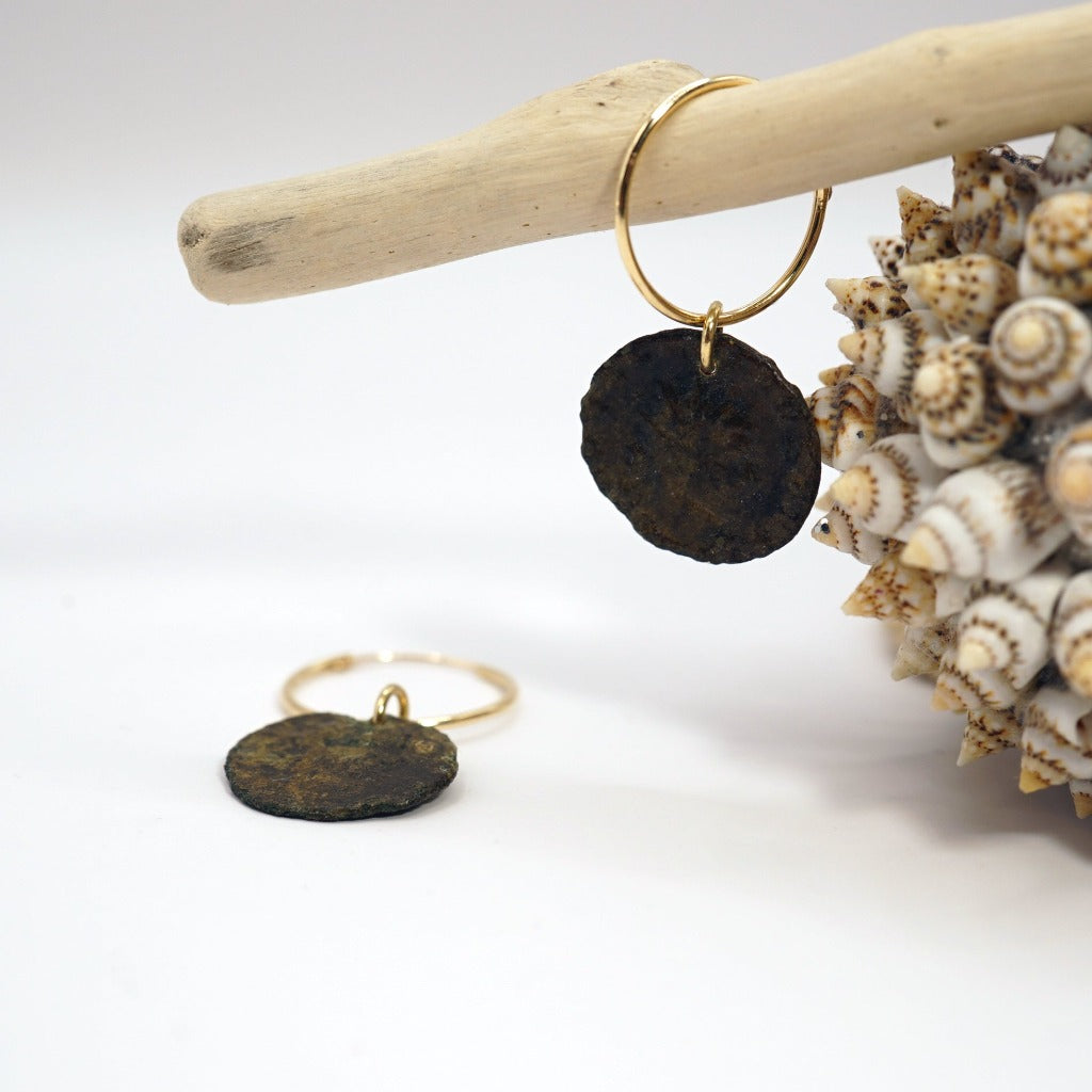 Gold Hoop earrings with Roman coins., badger's velvet