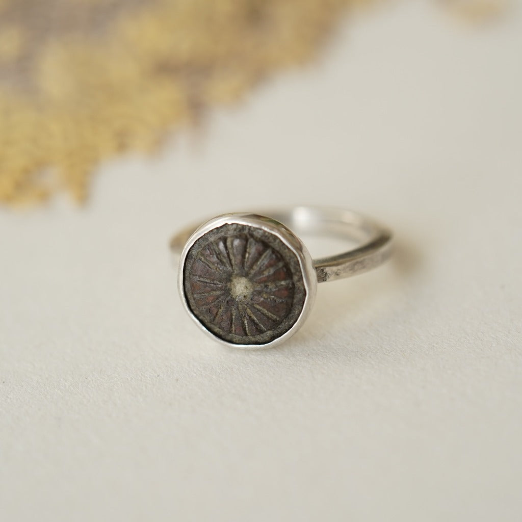 Silver and 17thC Bronze Etched Sun Ring. Badger's Velvet