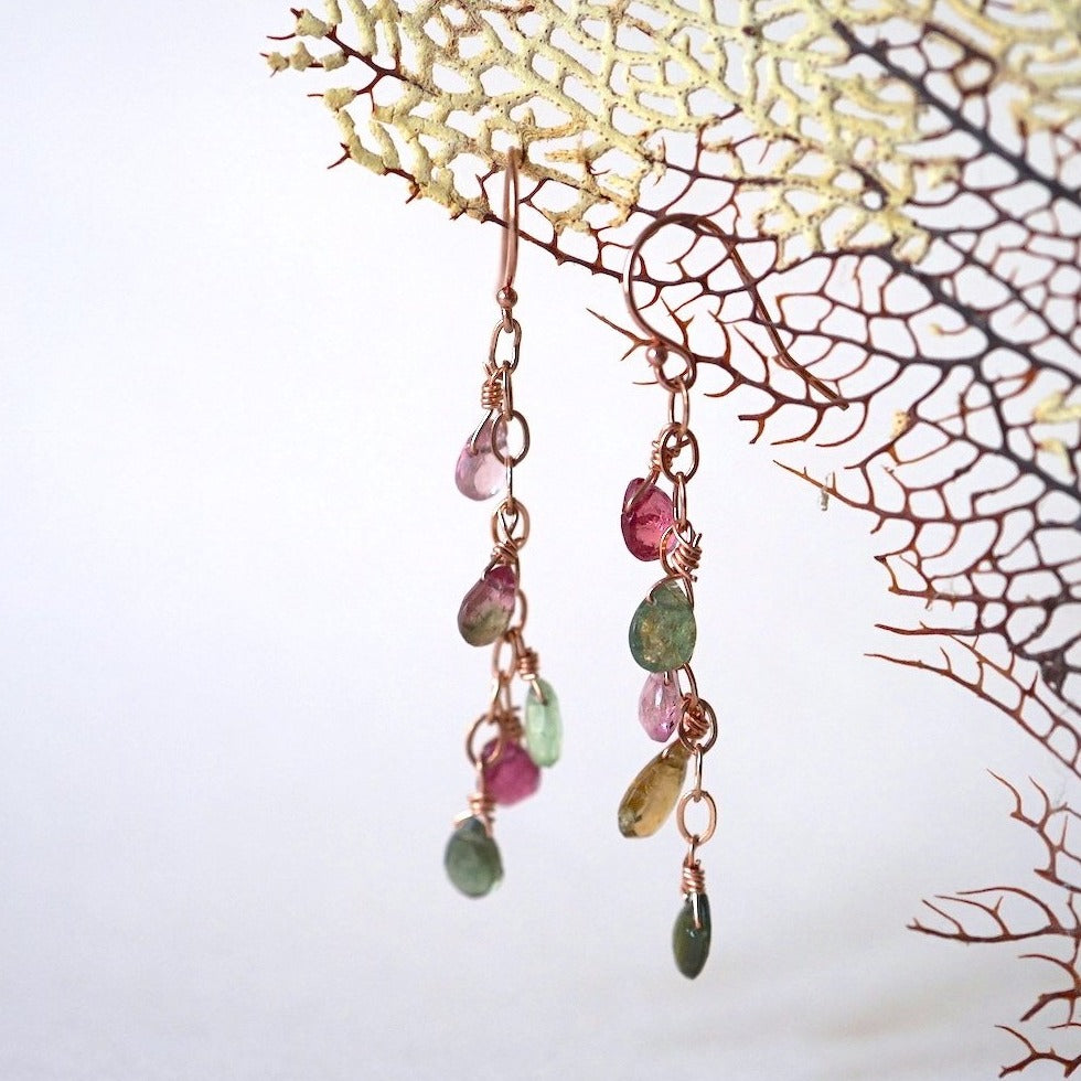 Tourmaline and  Rose Gold Chain Hook Earrings