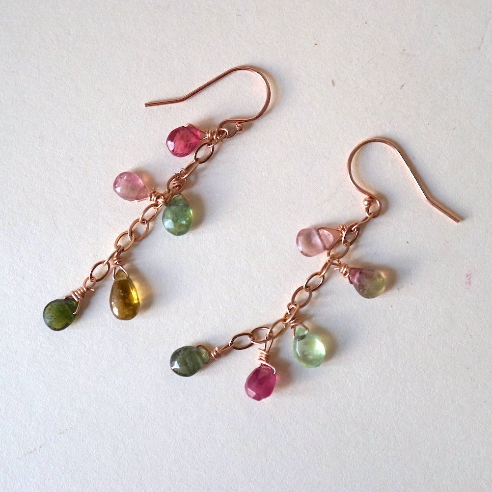 Tourmaline and  Rose Gold Chain Hook Earrings. Badger's Velvet