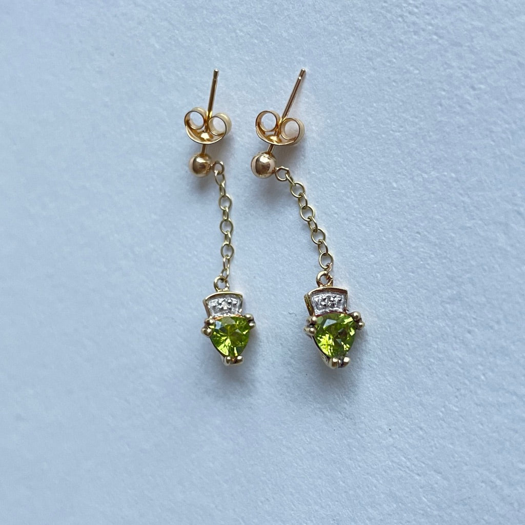 9ct Gold and Heart Shaped Peridot & Diamond Earrings